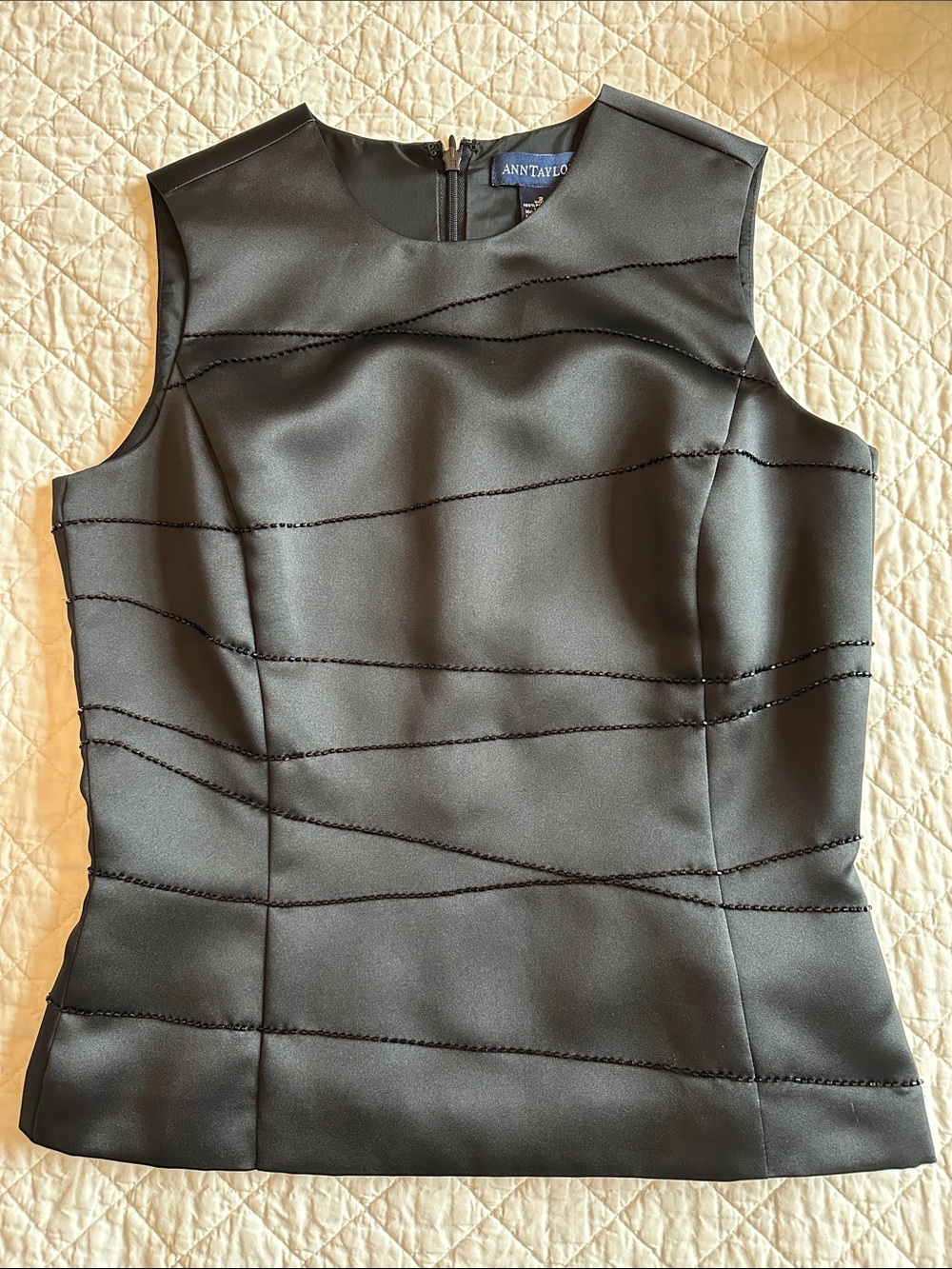 Ann Taylor Set - Black Satin Sleeveless Beaded Shell with Long Black Satin Skirt